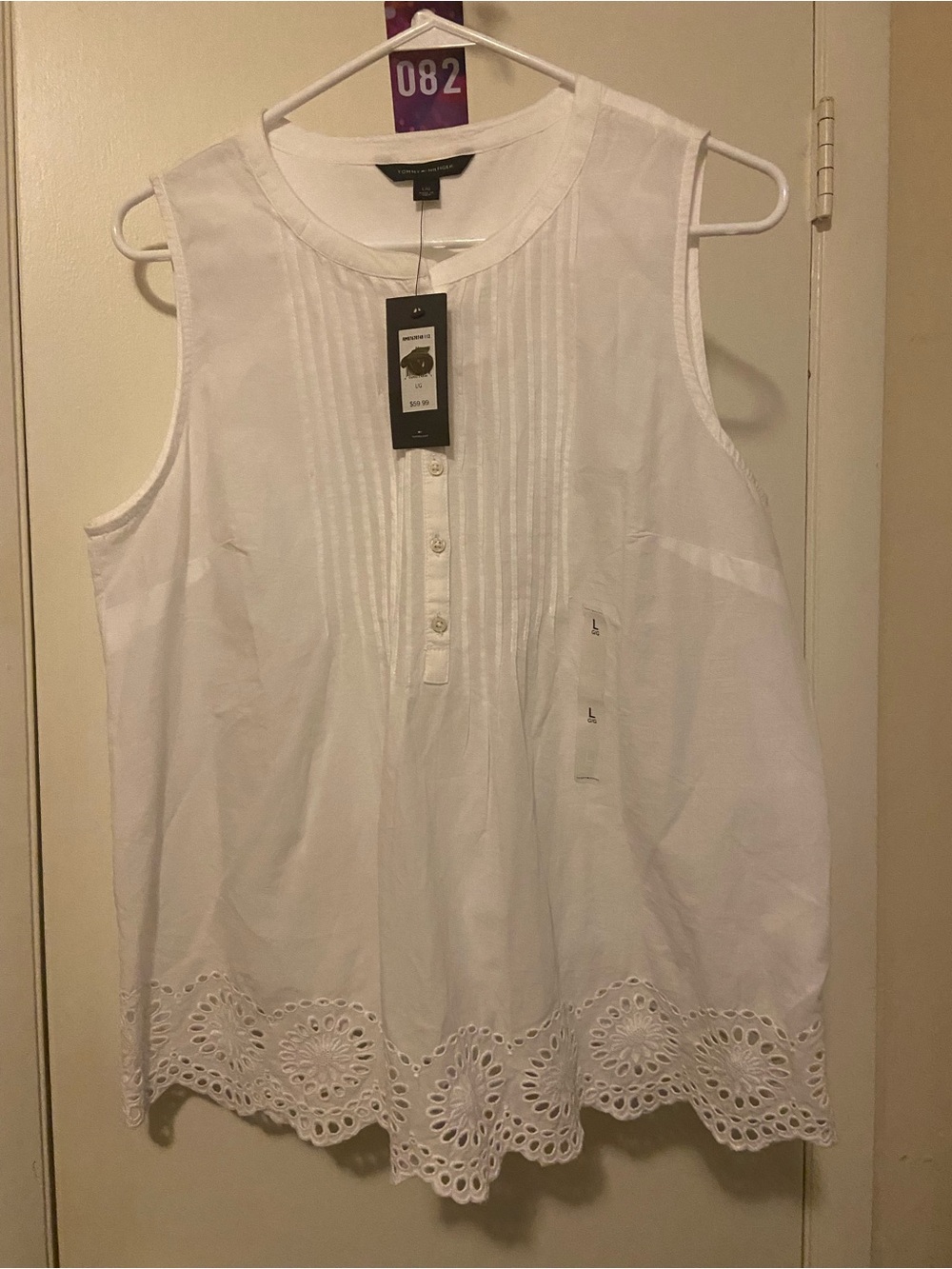 Tommy Hilfiger White Sleeveless Eyelet Hem Pintuck Tank